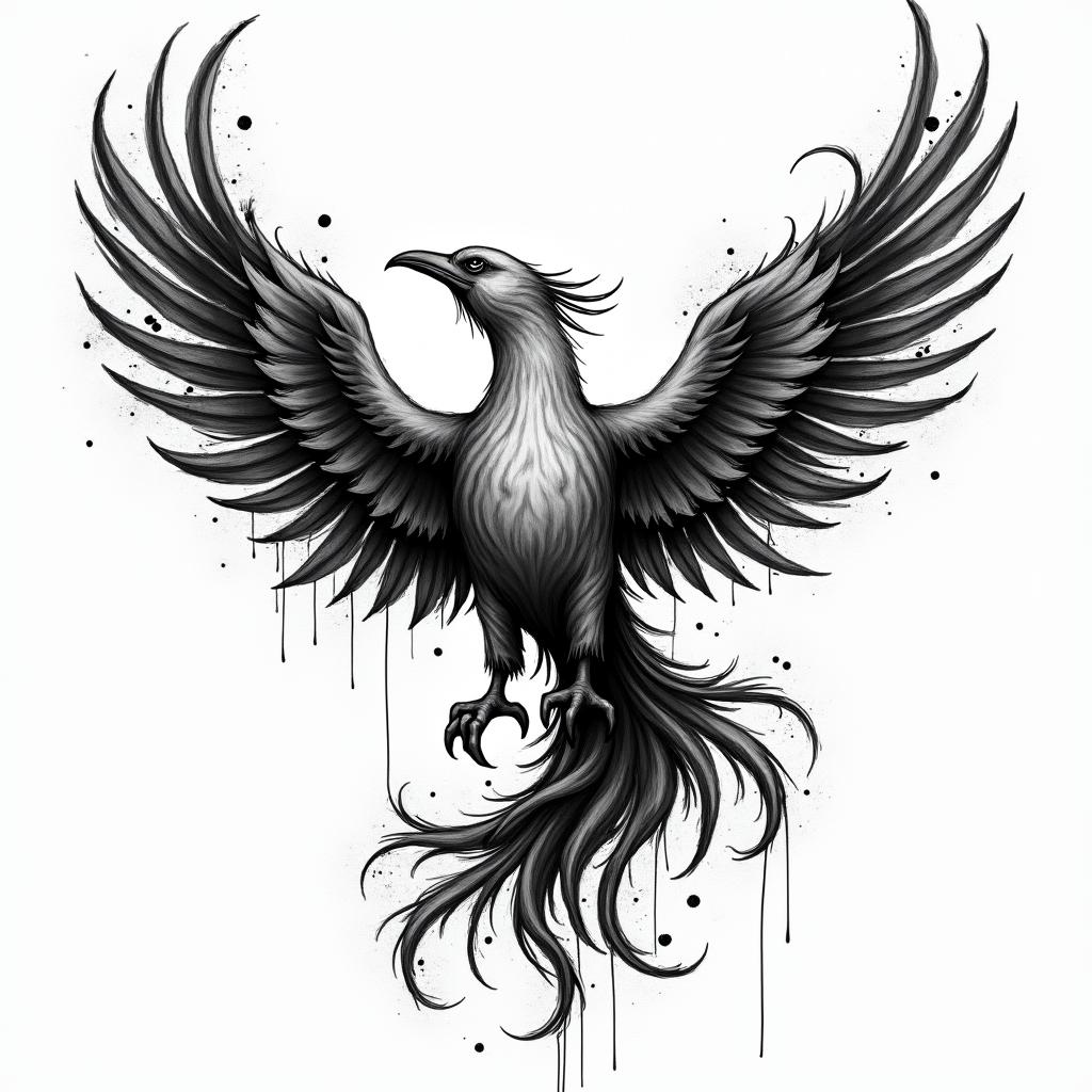 Phoenix risingin graffiti style tattoo, featuring bold and dynamic street art elements, spray-paint texture with exaggerated lines and expressive, chaotic brushstrokes, intricate lettering incorporated with graffiti tags, symbols like hearts, stars, and wings - Variation 3