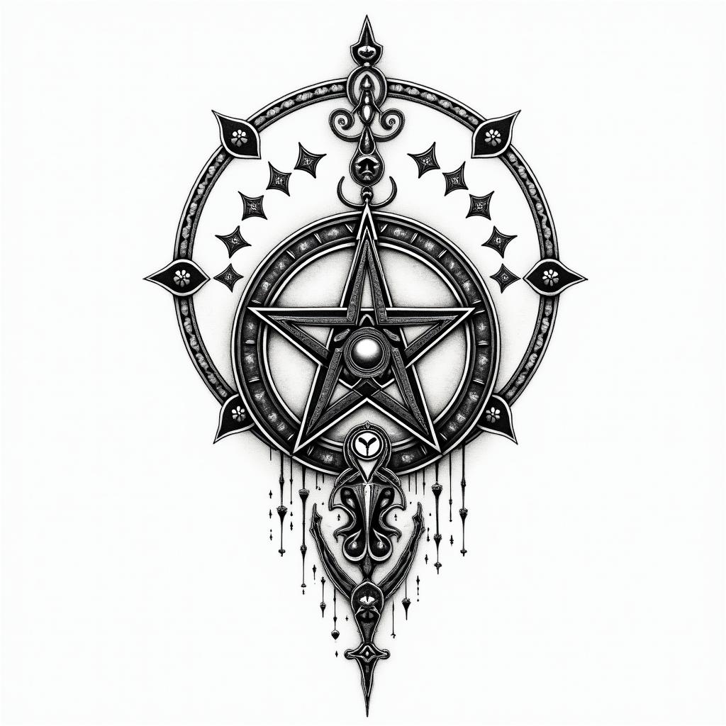 Compasin paganic style tattoo, featuring ancient symbols, add vegvisir symbol, mystical figures, incorporating designs, pentagrams, runes, crescent moons, - Variation 4