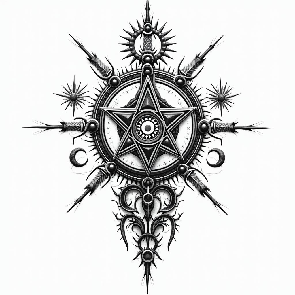 Compasin paganic style tattoo, featuring ancient symbols, add vegvisir symbol, mystical figures, incorporating designs, pentagrams, runes, crescent moons,