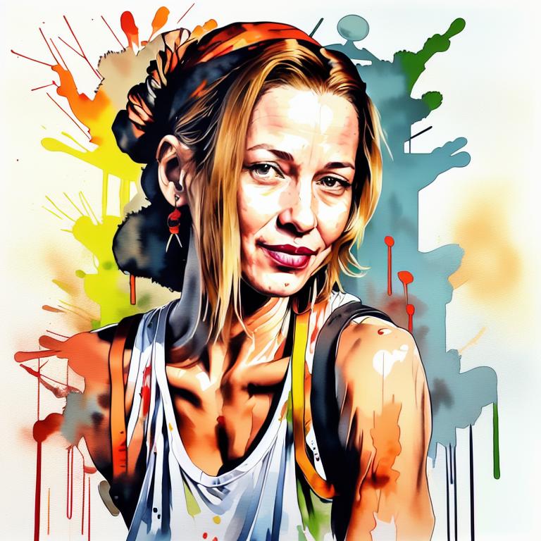  vibrant watercolor portrait with graffiti style face, fully white background, ,face with soft blending of warm and cool tones (orange, yellow, green),using shades of colors, contrast between light and shadow on the face, Bold color splashes and abstract drips in the background for a dynamic, artistic vibe, highly detailed tattoo, fully white background , dskinkpunkundefined - Variation 11