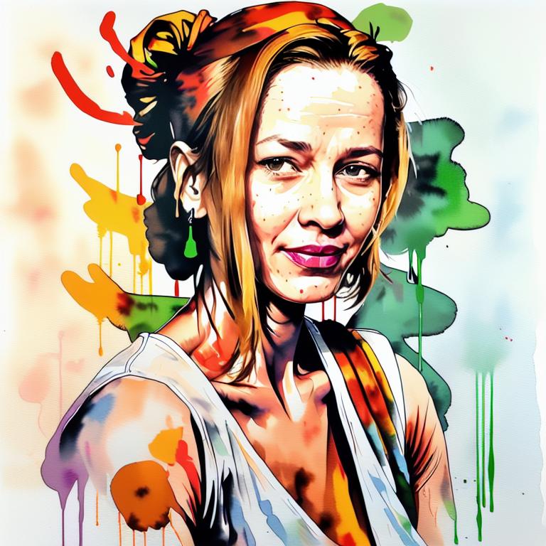  vibrant watercolor portrait with graffiti style face, fully white background, ,face with soft blending of warm and cool tones (orange, yellow, green),using shades of colors, contrast between light and shadow on the face, Bold color splashes and abstract drips in the background for a dynamic, artistic vibe, highly detailed tattoo, fully white background , dskinkpunkundefined - Variation 12