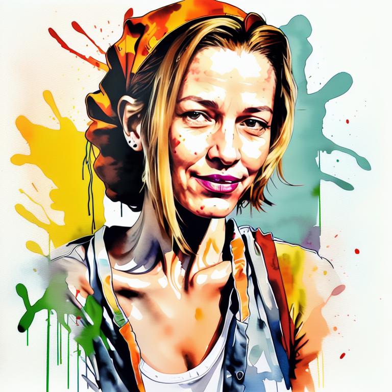  vibrant watercolor portrait with graffiti style face, fully white background, ,face with soft blending of warm and cool tones (orange, yellow, green),using shades of colors, contrast between light and shadow on the face, Bold color splashes and abstract drips in the background for a dynamic, artistic vibe, highly detailed tattoo, fully white background , dskinkpunkundefined - Variation 10