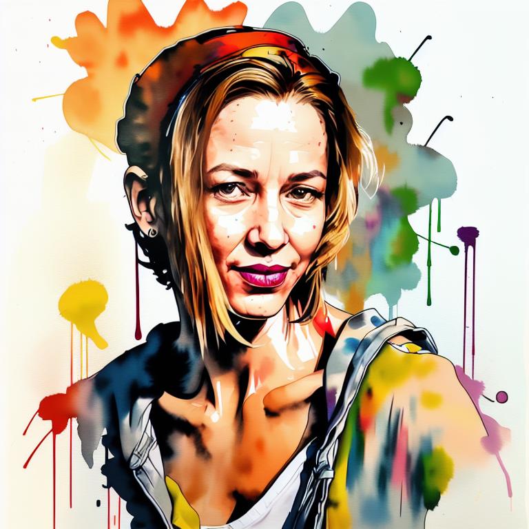  vibrant watercolor portrait with graffiti style face, fully white background, ,face with soft blending of warm and cool tones (orange, yellow, green),using shades of colors, contrast between light and shadow on the face, Bold color splashes and abstract drips in the background for a dynamic, artistic vibe, highly detailed tattoo, fully white background , dskinkpunkundefined - Variation 9