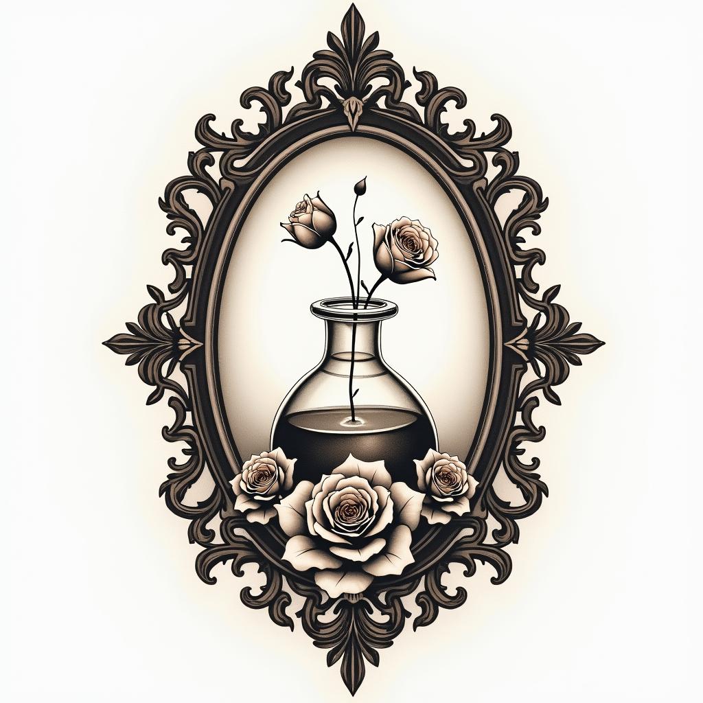 Chemistry laboratory artin victorian style tattoo, featuring vintage and elegant elements, ornate frames, roses, antique, sepia-toned color scheme