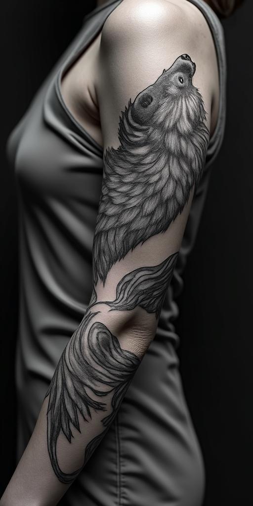 arm cover up, mix of wolf and phoenixin portrait tattoo style, featuring a highly realistic and detailed depiction  - Variation 2