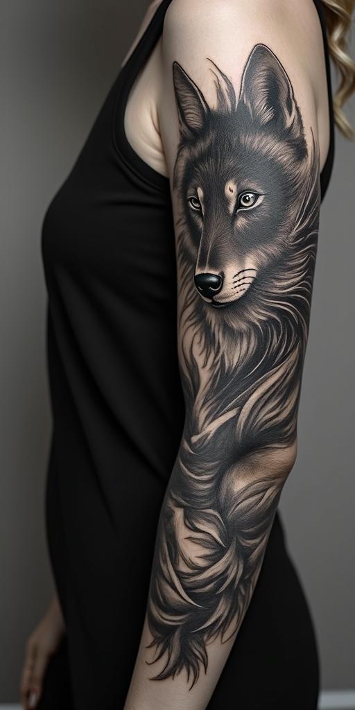 arm cover up, mix of wolf and phoenixin portrait tattoo style, featuring a highly realistic and detailed depiction  - Variation 3