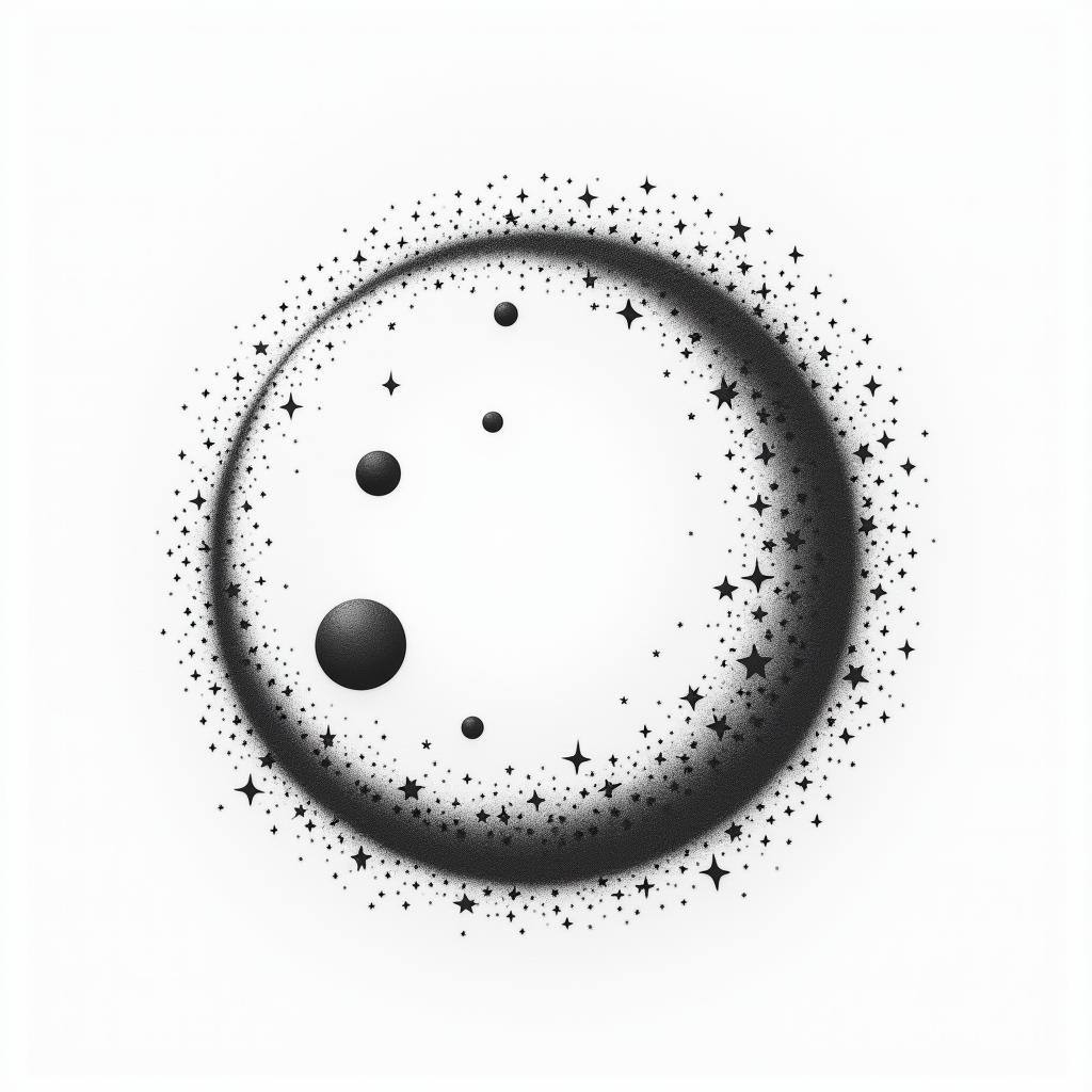 Spiral galaxy with stars and planetsin minimalist style tattoo, featuring simple shapes and fine lines, with minimal shading and details, tiny triangles, creating a sense of balance and harmony - Variation 2