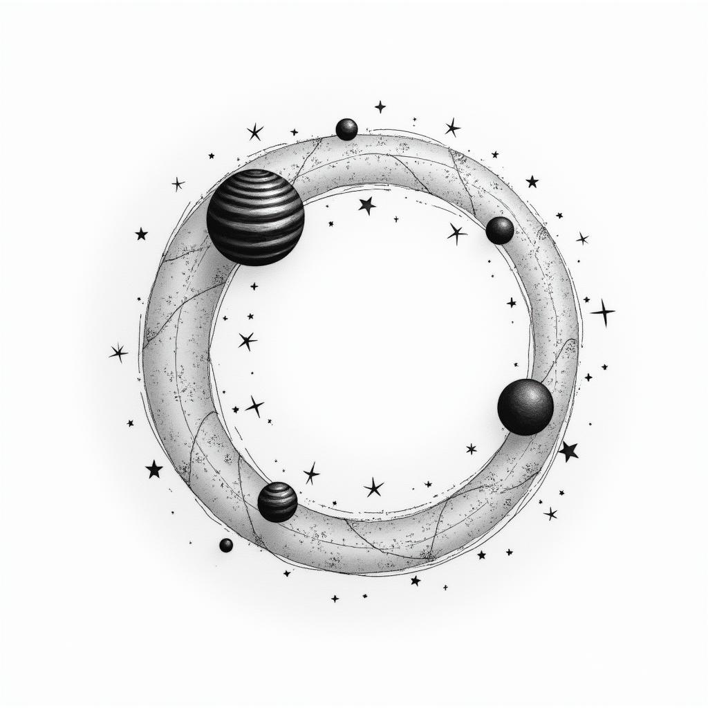 Spiral galaxy with stars and planetsin minimalist style tattoo, featuring simple shapes and fine lines, with minimal shading and details, tiny triangles, creating a sense of balance and harmony - Variation 4