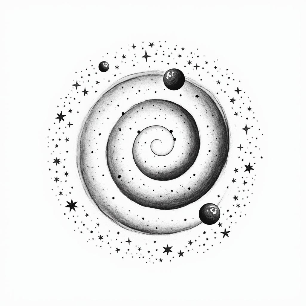 Spiral galaxy with stars and planetsin minimalist style tattoo, featuring simple shapes and fine lines, with minimal shading and details, tiny triangles, creating a sense of balance and harmony - Variation 3