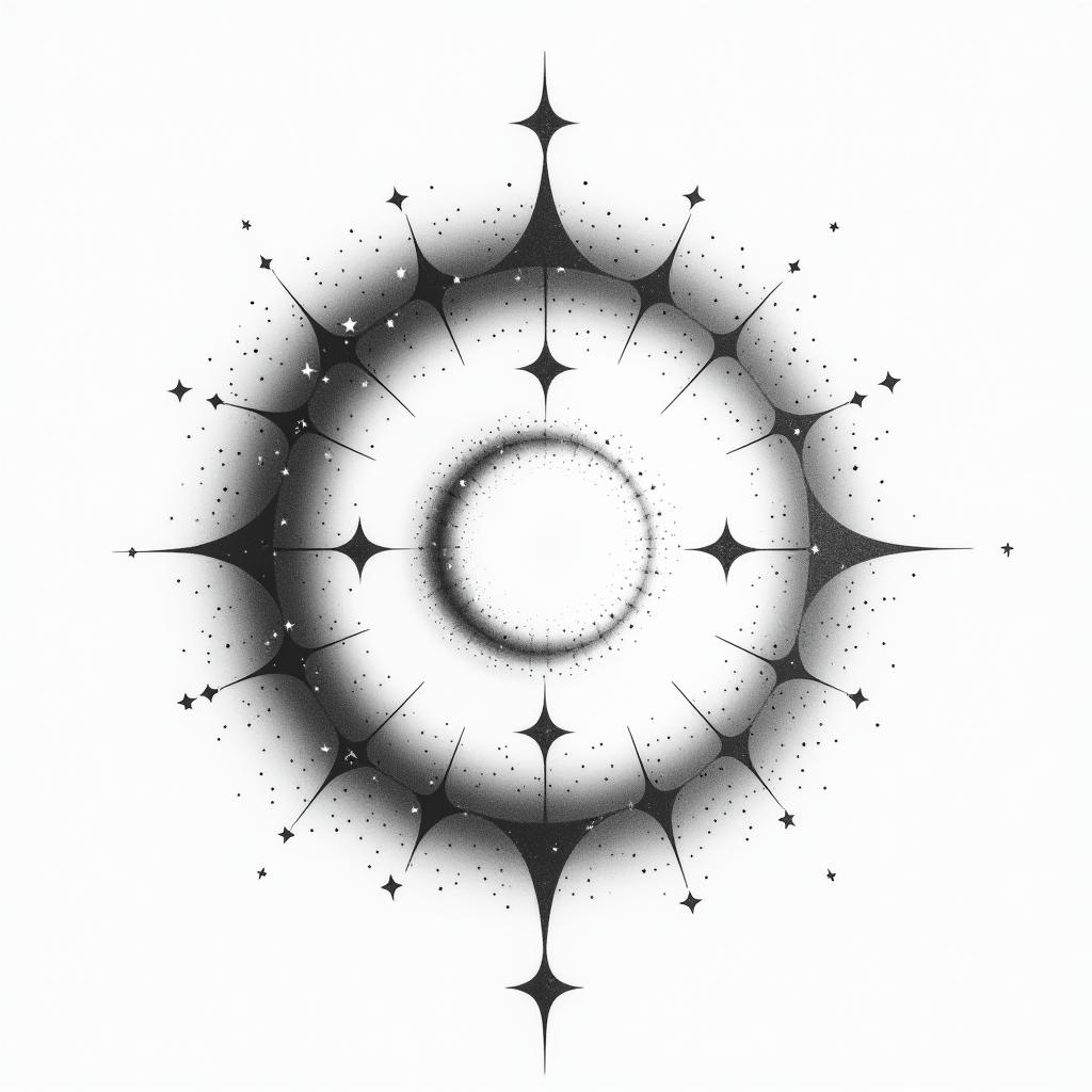 Spiral galaxy with stars and planetsin minimalist style tattoo, featuring simple shapes and fine lines, with minimal shading and details, tiny triangles, creating a sense of balance and harmony