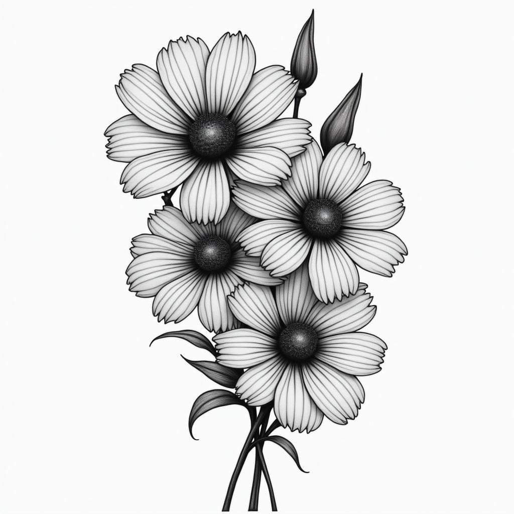 I want the tattoo “no rain no flowers” theme. but no words. I want the flowers to be cosmos and chrysanthemumin portrait tattoo style, featuring a highly realistic and detailed depiction