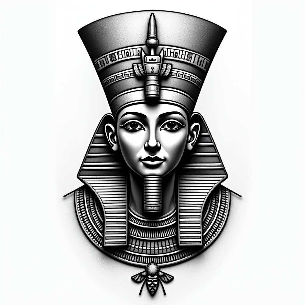 António, balance Abrantesin egyptian style tattoo, bold elements of ancient egyptian culture including a portrait of an Egyptian pharaoh with detailed facial features, in hieroglyphs and symbolic imagery, eye of horus, ankh symbol, scarab beetle - Variation 2