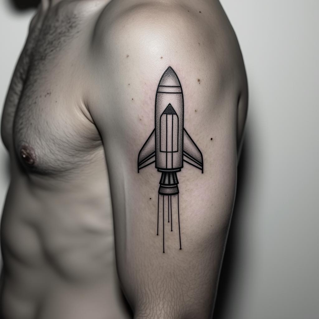 Space shuttlein minimalist style tattoo, featuring simple shapes and fine lines, with minimal shading and details, tiny triangles, creating a sense of balance and harmony - Variation 4