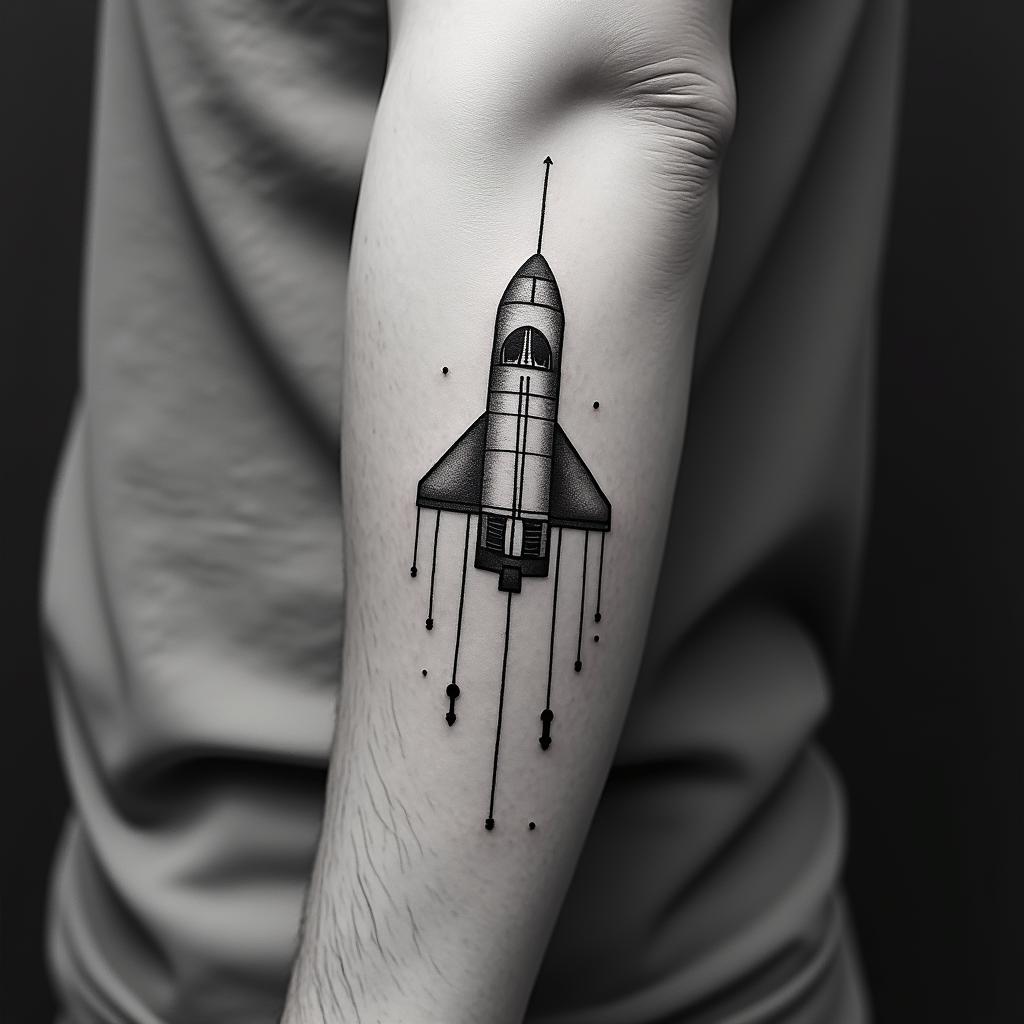 Space shuttlein minimalist style tattoo, featuring simple shapes and fine lines, with minimal shading and details, tiny triangles, creating a sense of balance and harmony - Variation 3
