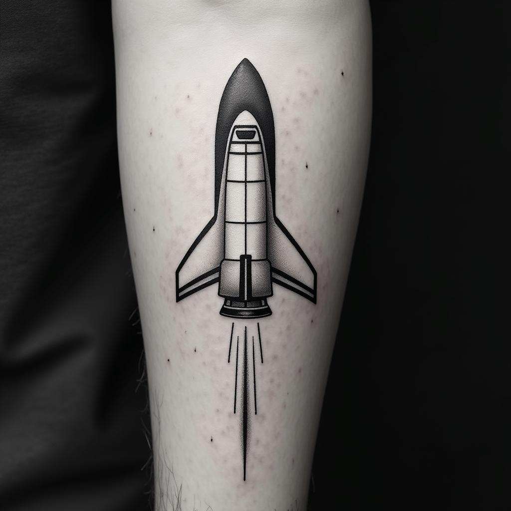 Space shuttlein minimalist style tattoo, featuring simple shapes and fine lines, with minimal shading and details, tiny triangles, creating a sense of balance and harmony