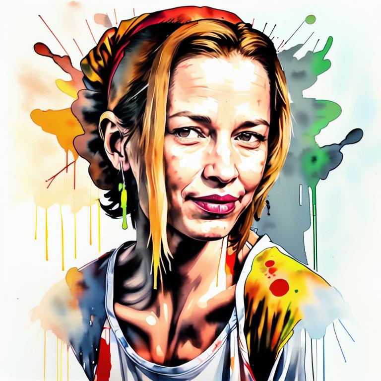  vibrant watercolor portrait with graffiti style face, fully white background, ,face with soft blending of warm and cool tones (orange, yellow, green),using shades of colors, contrast between light and shadow on the face, Bold color splashes and abstract drips in the background for a dynamic, artistic vibe, highly detailed tattoo, fully white background , dskinkpunkundefined - Variation 6