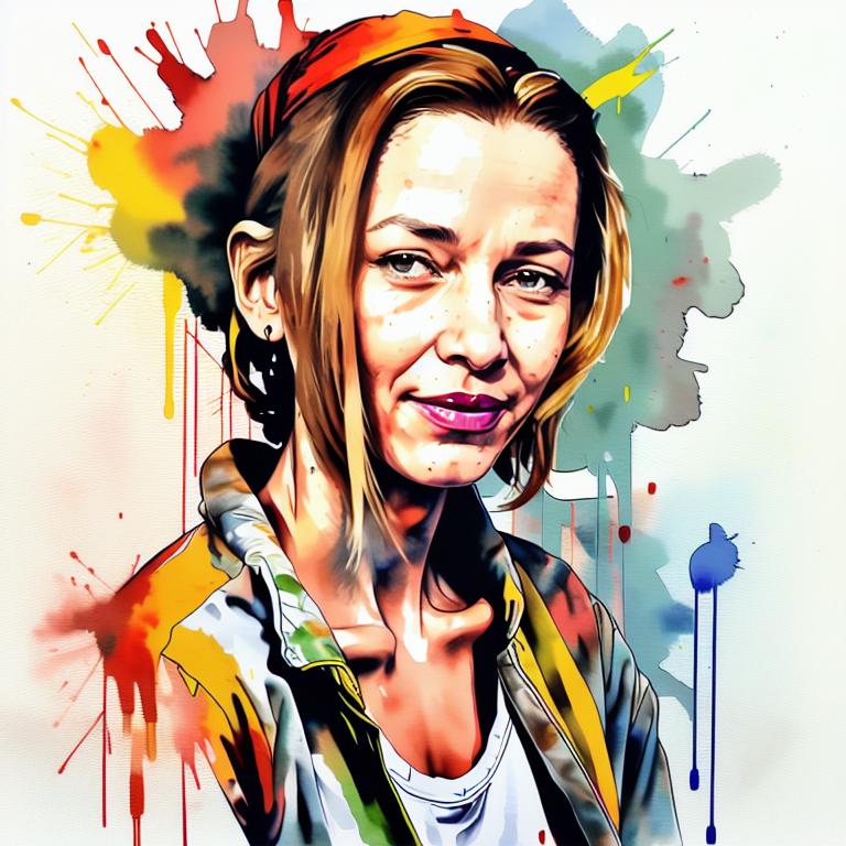  vibrant watercolor portrait with graffiti style face, fully white background, ,face with soft blending of warm and cool tones (orange, yellow, green),using shades of colors, contrast between light and shadow on the face, Bold color splashes and abstract drips in the background for a dynamic, artistic vibe, highly detailed tattoo, fully white background , dskinkpunkundefined - Variation 7