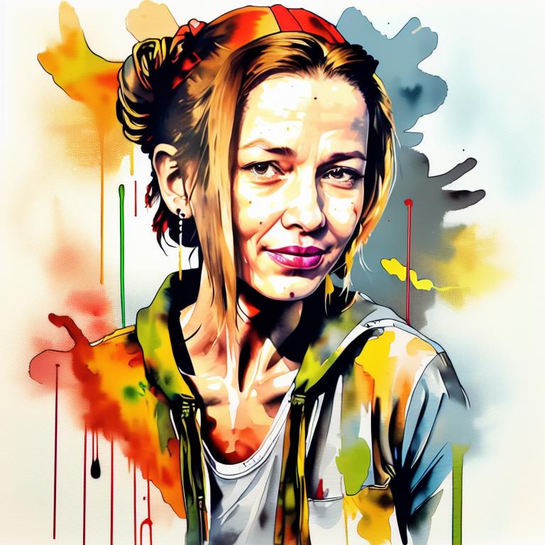  vibrant watercolor portrait with graffiti style face, fully white background, ,face with soft blending of warm and cool tones (orange, yellow, green),using shades of colors, contrast between light and shadow on the face, Bold color splashes and abstract drips in the background for a dynamic, artistic vibe, highly detailed tattoo, fully white background , dskinkpunkundefined - Variation 5