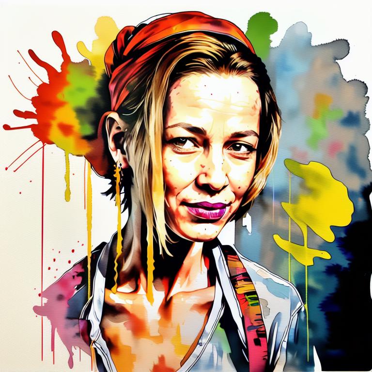  vibrant watercolor portrait with graffiti style face, fully white background, ,face with soft blending of warm and cool tones (orange, yellow, green),using shades of colors, contrast between light and shadow on the face, Bold color splashes and abstract drips in the background for a dynamic, artistic vibe, highly detailed tattoo, fully white background , dskinkpunkundefined - Variation 8