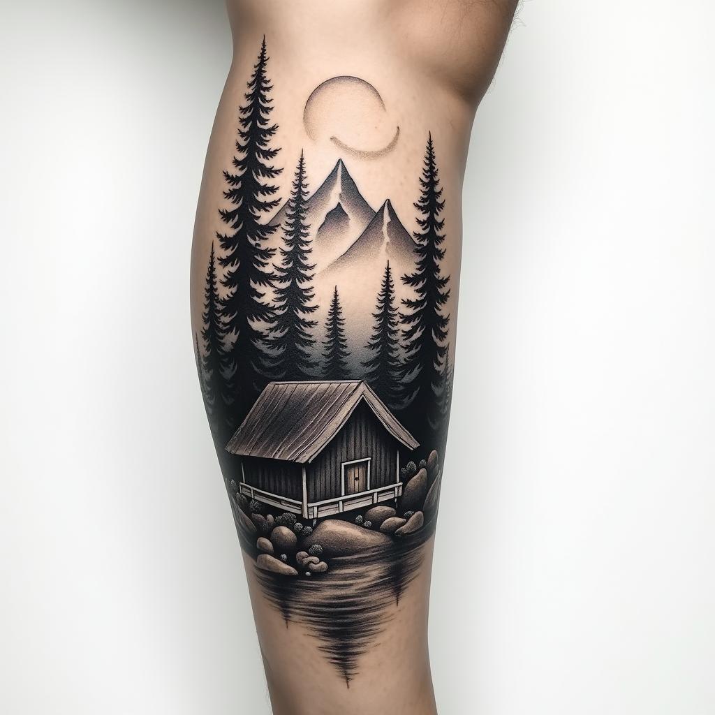 Nature with trees and mountains for a leg sleeve with cabin and familyhigly detailed tattoo