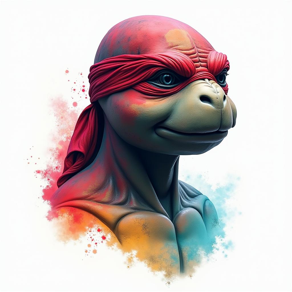 Red ninja turtle with watercolor backgroundin distorted and fragmented tattoo design, featuring a classical statue bust, in a glitch art style with vibrant, overlapping colors of cyan, magenta, and yellow, creating a digital distortion effect - Variation 5