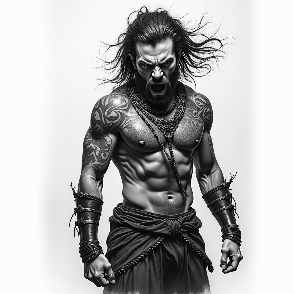 rage, warriorin portrait tattoo style, featuring a highly realistic and detailed depiction - Variation 4