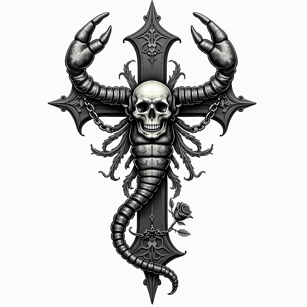Scorpioin chicano style tattoo, featuring intricate black and grey shading, bold elements of traditional chicano culture symbols, add a big cross with skull, chains and roses - Variation 4