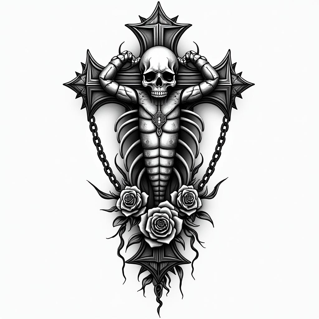 Scorpioin chicano style tattoo, featuring intricate black and grey shading, bold elements of traditional chicano culture symbols, add a big cross with skull, chains and roses - Variation 3