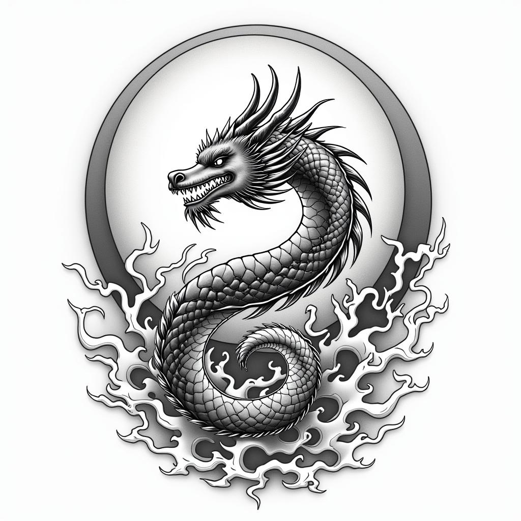 Flowing water, enlightened soul,  moon,dragon, 88, cosmic vibration, strength, love, time, infinite, watching, chakrain new school tattoo, pop culture, modern, detailed tattoo, illustrative - Variation 3