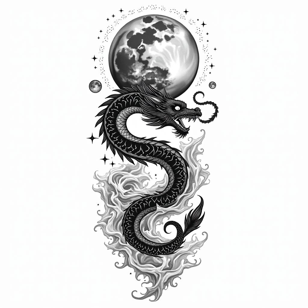 Flowing water, enlightened soul,  moon,dragon, 88, cosmic vibration, strength, love, time, infinite, watching, chakrain new school tattoo, pop culture, modern, detailed tattoo, illustrative - Variation 2