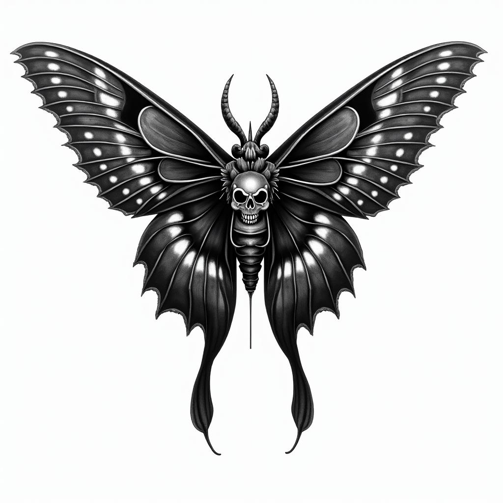 Luna moth with infinity symbol in the middle in horror tattoo style, showcasing haunting and unsettling, dark and gritty textures with skulls, eerie faces, jgged designs, bold and intense shading - Variation 2