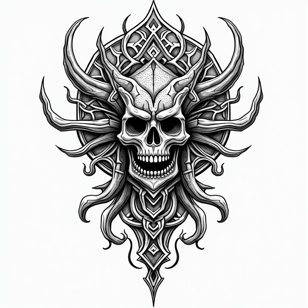 rage, warriorin dotwork style tattoo, complex mandala patterns, interlocking geometric shapes with sharp symmetry, clean lines, sharp angles - Variation 2