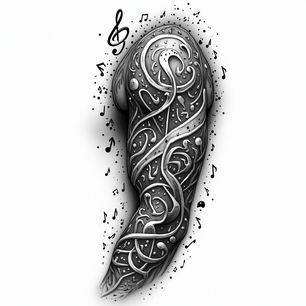 Create me a half sleeve for a man with musical notes, brass instruments, and include tribal.higly detailed tattoo - Variation 3