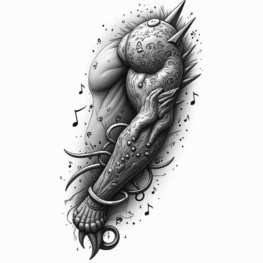 Create me a half sleeve for a man with musical notes, brass instruments, and include tribal.higly detailed tattoo - Variation 4