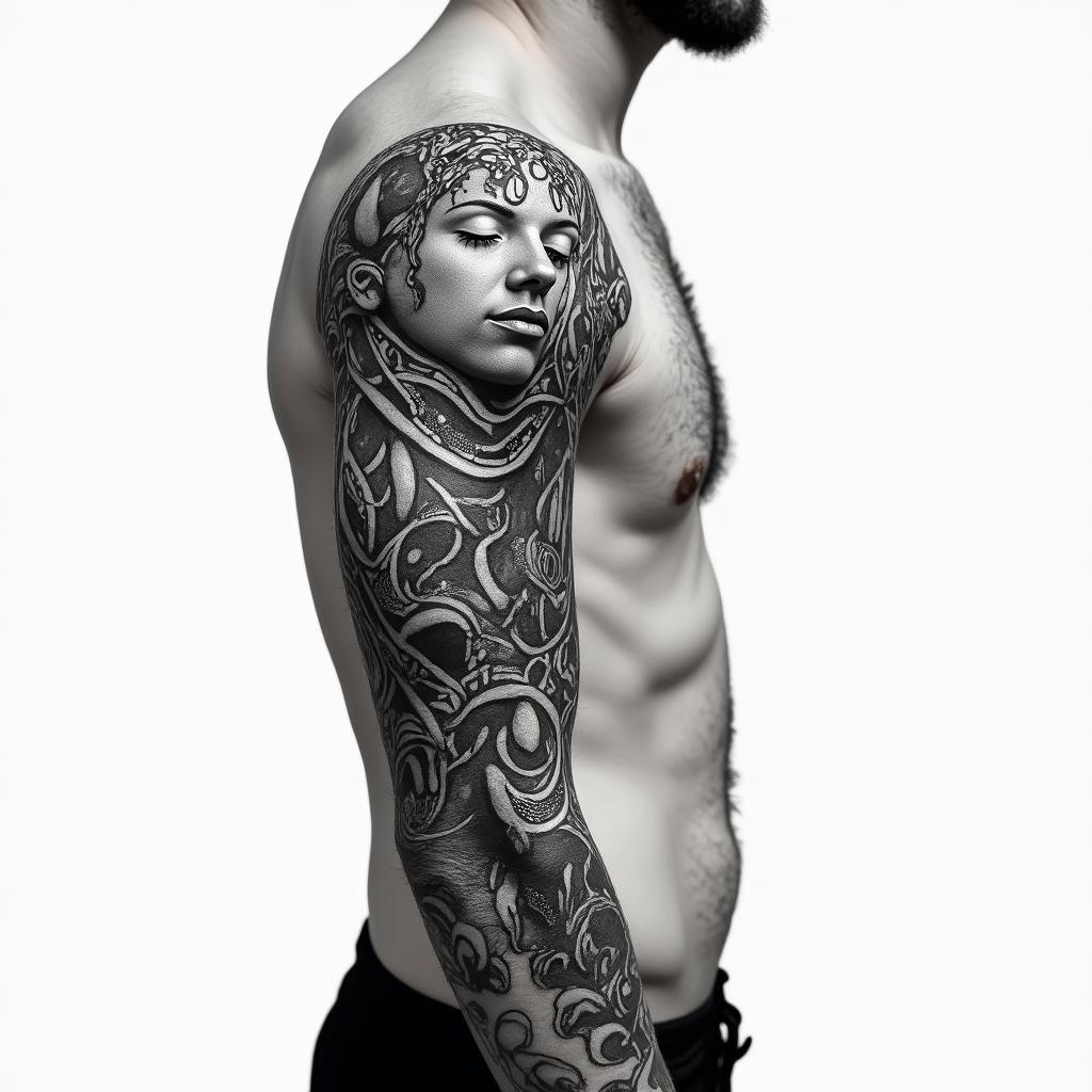 Create me a half sleeve for a man with musical notes, brass instruments, and include tribal.higly detailed tattoo