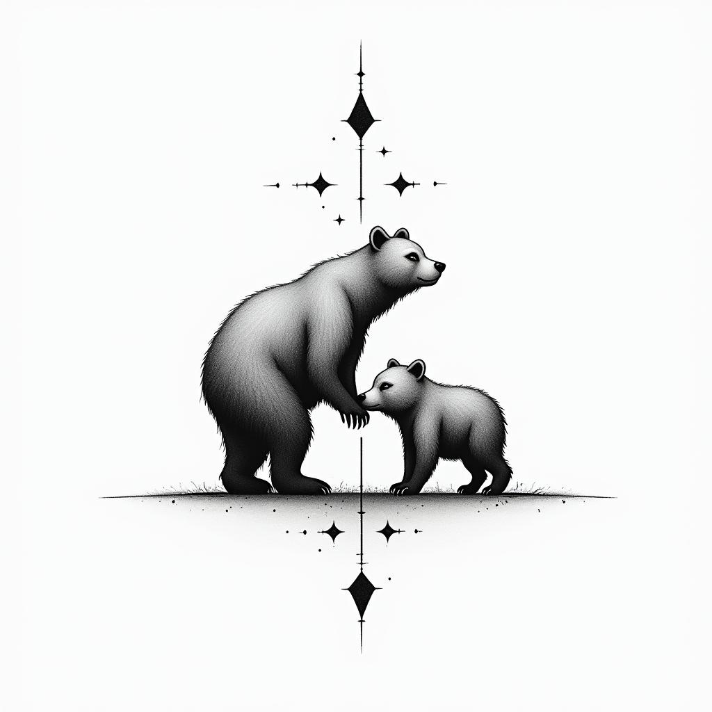 Cannon and Bearin minimalist style tattoo, featuring simple shapes and fine lines, with minimal shading and details, tiny triangles, creating a sense of balance and harmony - Variation 2