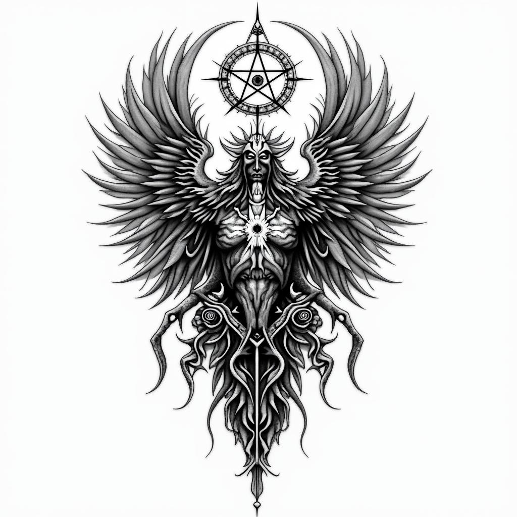 rage, warriorin paganic style tattoo, featuring ancient symbols, add vegvisir symbol, mystical figures, incorporating designs, pentagrams, runes, crescent moons, - Variation 2