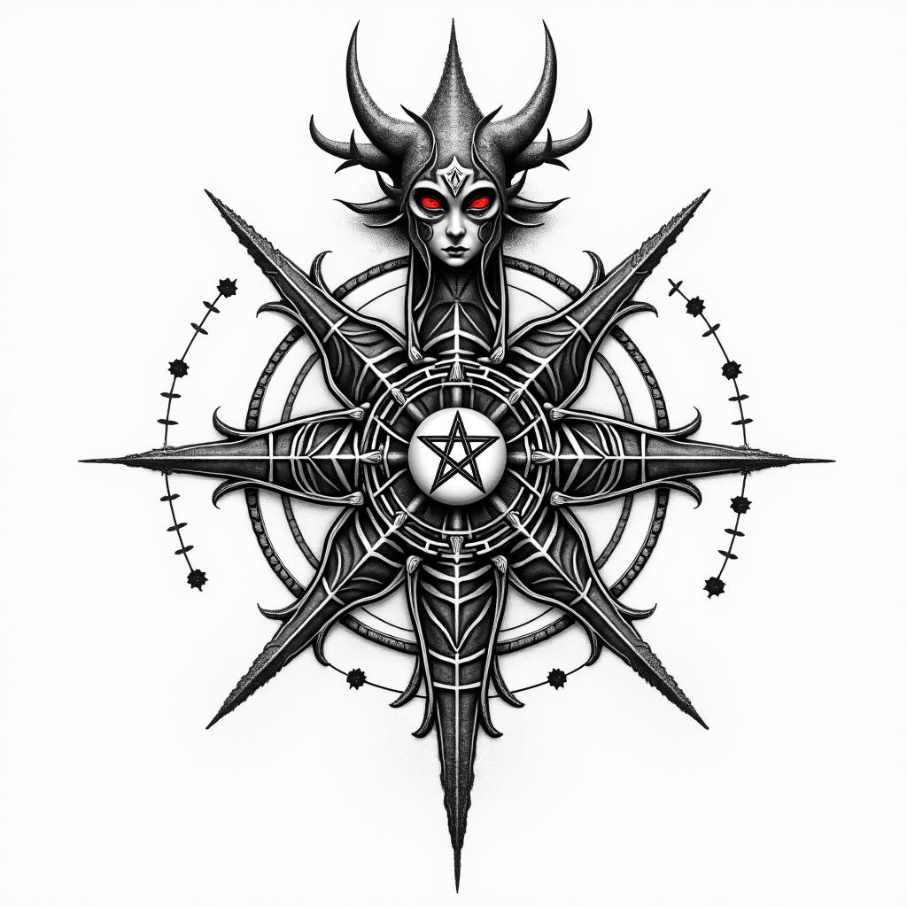 rage, warriorin paganic style tattoo, featuring ancient symbols, add vegvisir symbol, mystical figures, incorporating designs, pentagrams, runes, crescent moons,