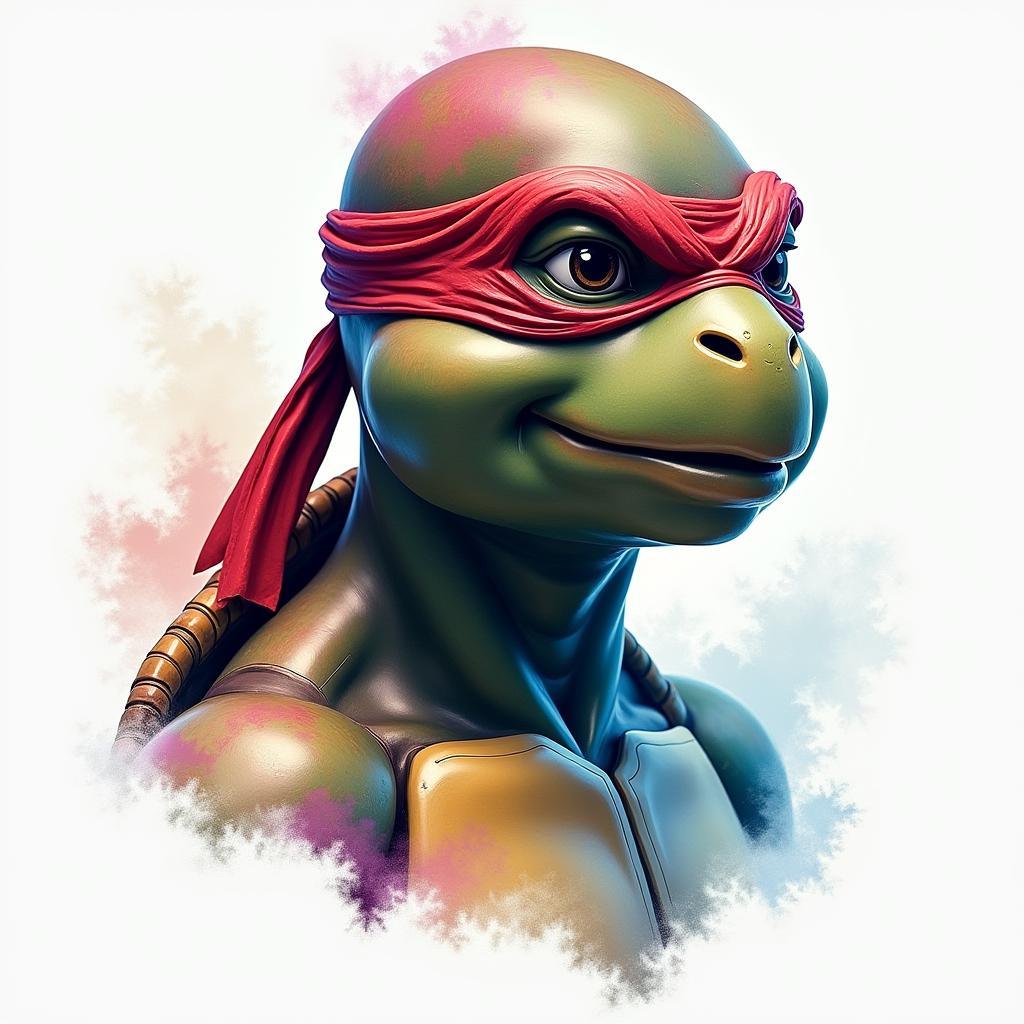 Red ninja turtle with watercolor backgroundin distorted and fragmented tattoo design, featuring a classical statue bust, in a glitch art style with vibrant, overlapping colors of cyan, magenta, and yellow, creating a digital distortion effect - Variation 3