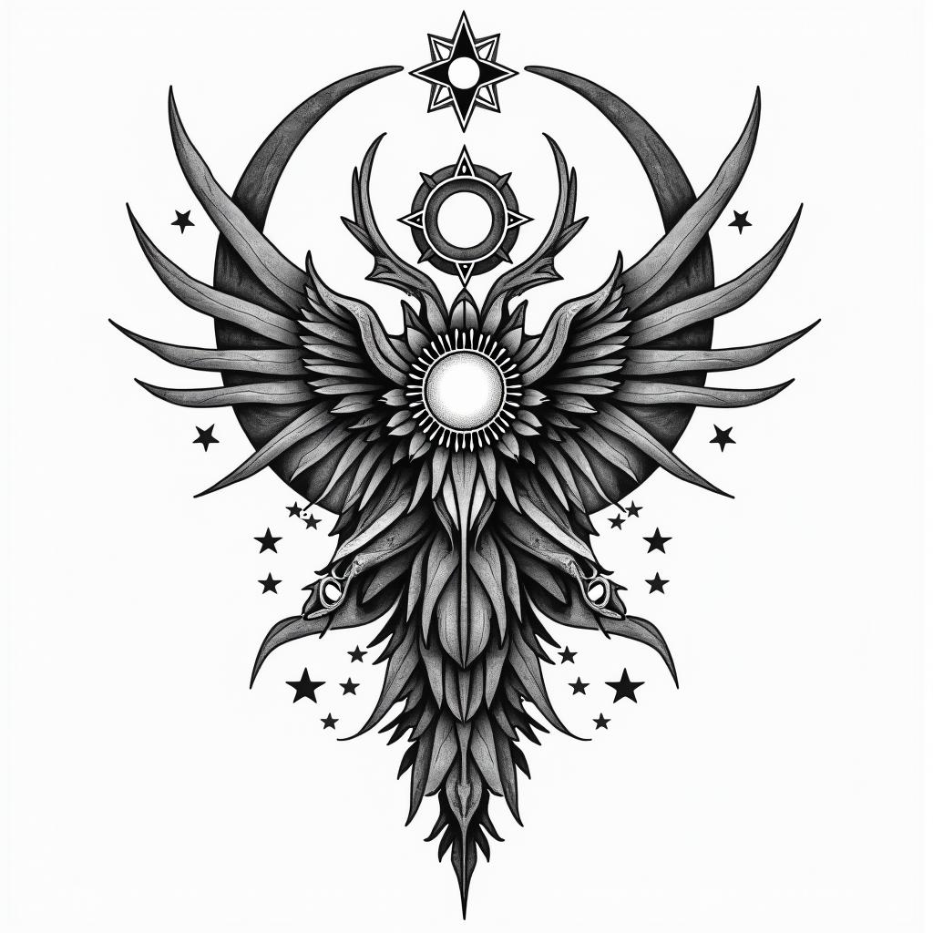 James, Sagittarius, Akronin prophecy tattoo style, featuring mystical symbols, celestial imagery like stars, moons, suns, geometric patterns, foretelling elements, an eye of wisdom - Variation 3