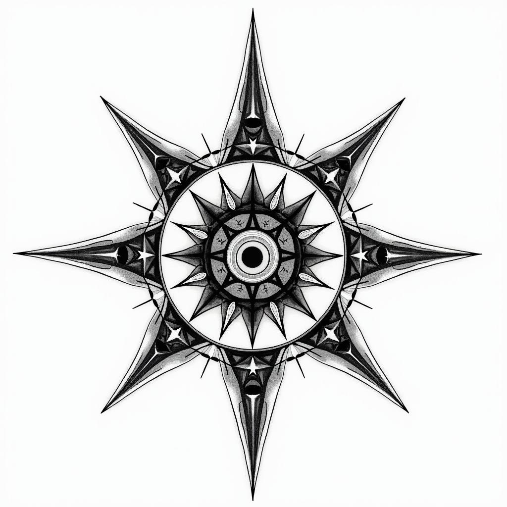 James, Sagittarius, Akronin prophecy tattoo style, featuring mystical symbols, celestial imagery like stars, moons, suns, geometric patterns, foretelling elements, an eye of wisdom - Variation 2