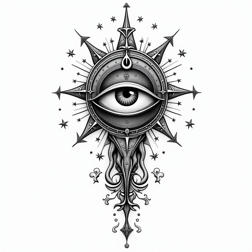 James, Sagittarius, Akronin prophecy tattoo style, featuring mystical symbols, celestial imagery like stars, moons, suns, geometric patterns, foretelling elements, an eye of wisdom