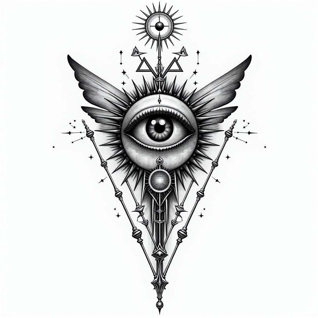 James, Sagittarius, Akronin prophecy tattoo style, featuring mystical symbols, celestial imagery like stars, moons, suns, geometric patterns, foretelling elements, an eye of wisdom - Variation 4