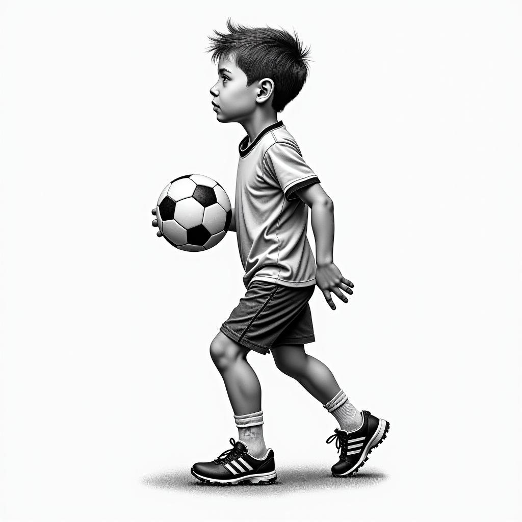 A realistic black and grey tattoo of a young boy with a dreaming expression, wearing soccer shoes and holding a soccer ball, capturing the essence of childhood dreams and nostalgia associated with football, with intricate shading to highlight emotions and details.higly detailed tattoo - Variation 1