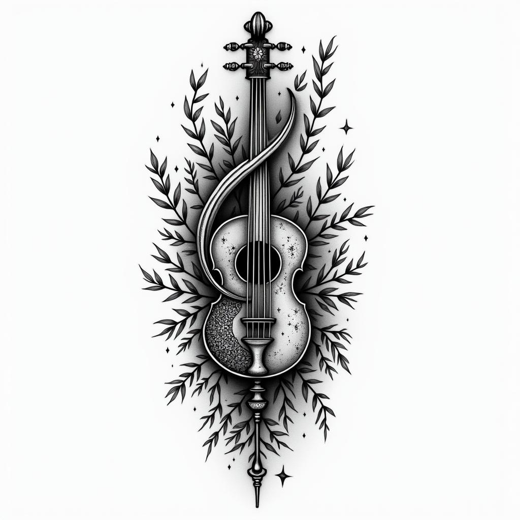 Create me a half sleeve for a man with musical notes, brass instruments, and include tribal.in bohemian style tattoo, 8k - Variation 3