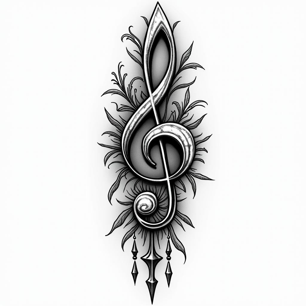 Create me a half sleeve for a man with musical notes, brass instruments, and include tribal.in bohemian style tattoo, 8k - Variation 1