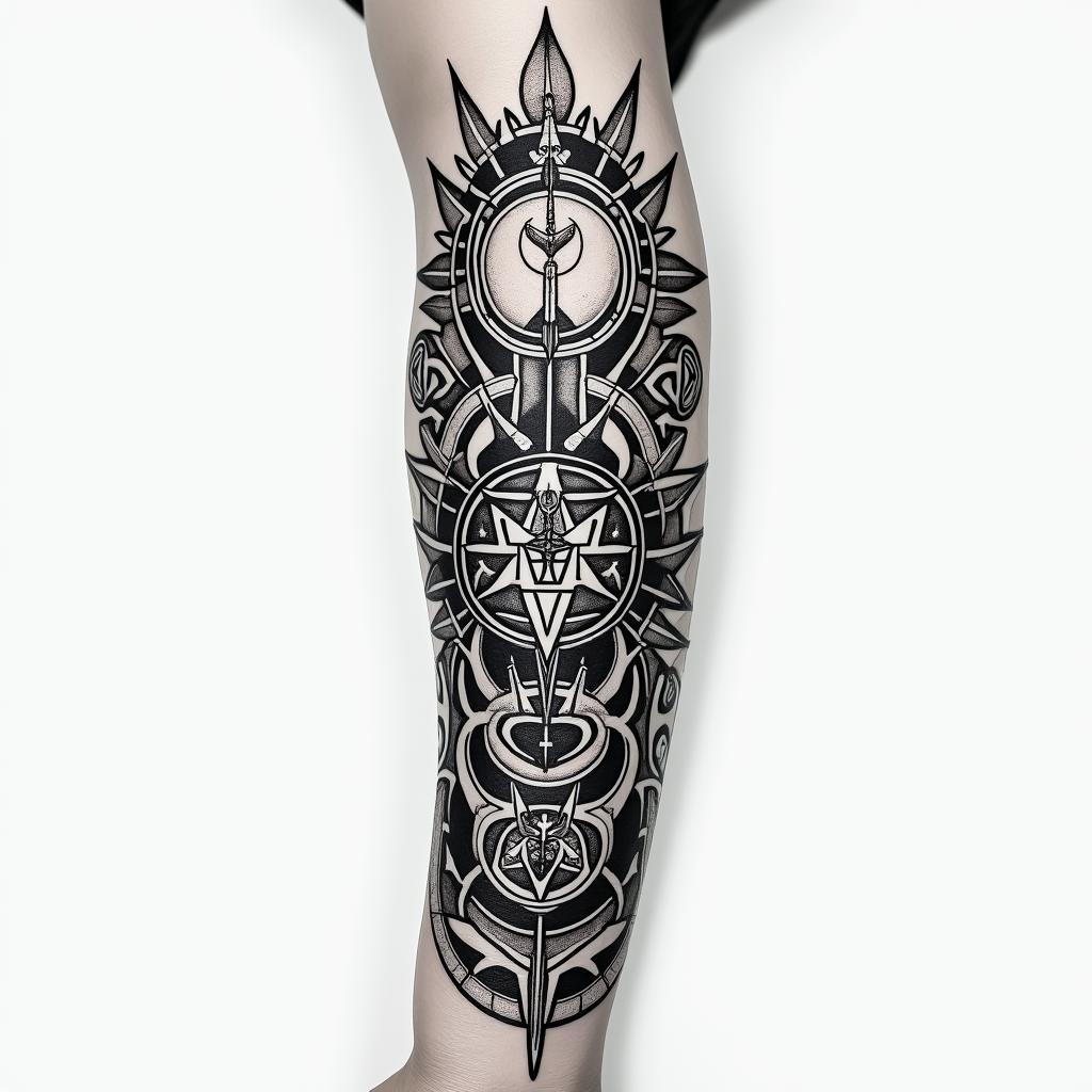 I want to have a tattoo on my entire arm with a Nordic theme.in paganic style tattoo, featuring ancient symbols, add vegvisir symbol, mystical figures, incorporating designs, pentagrams, runes, crescent moons, - Variation 2