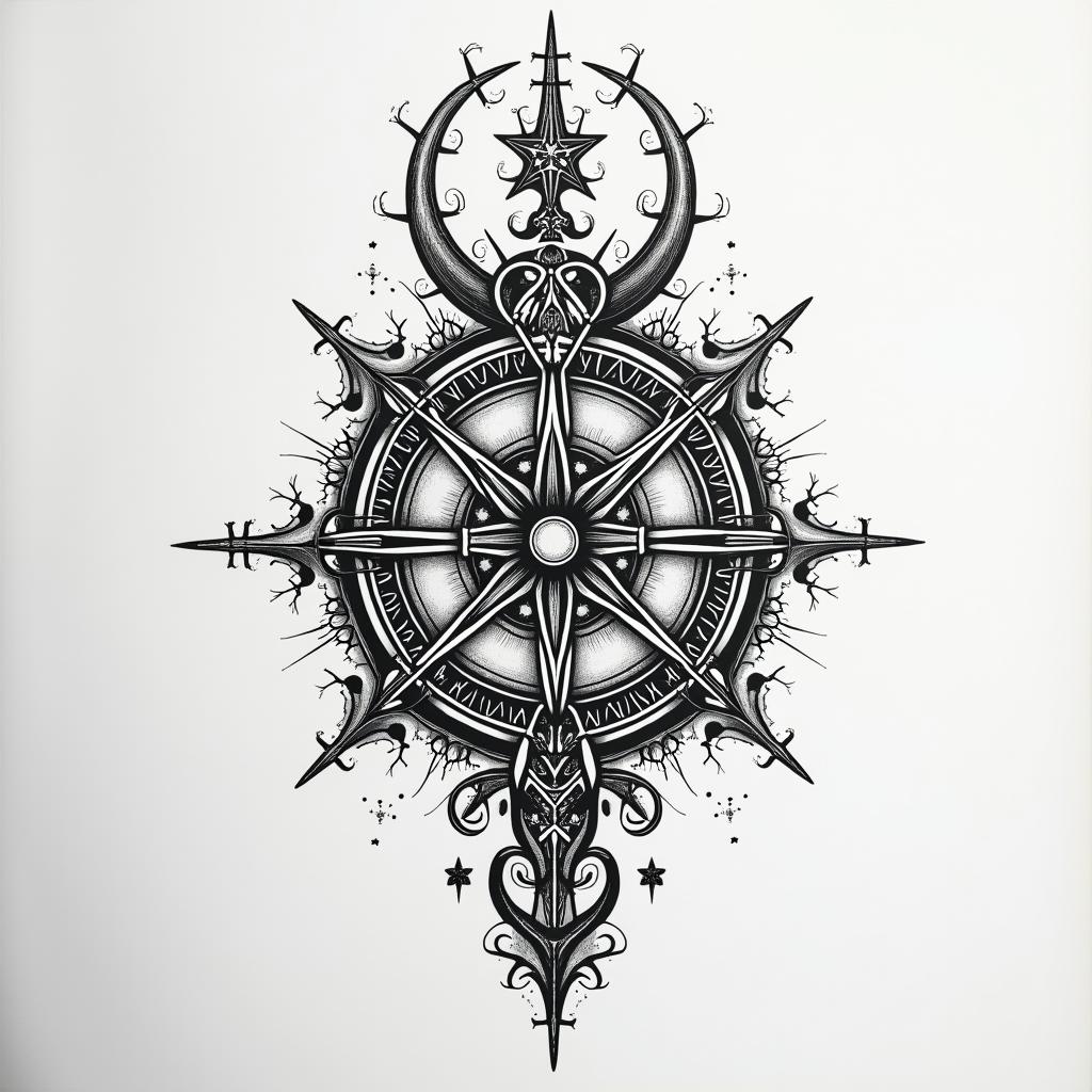 I want to have a tattoo on my entire arm with a Nordic theme.in paganic style tattoo, featuring ancient symbols, add vegvisir symbol, mystical figures, incorporating designs, pentagrams, runes, crescent moons, - Variation 3
