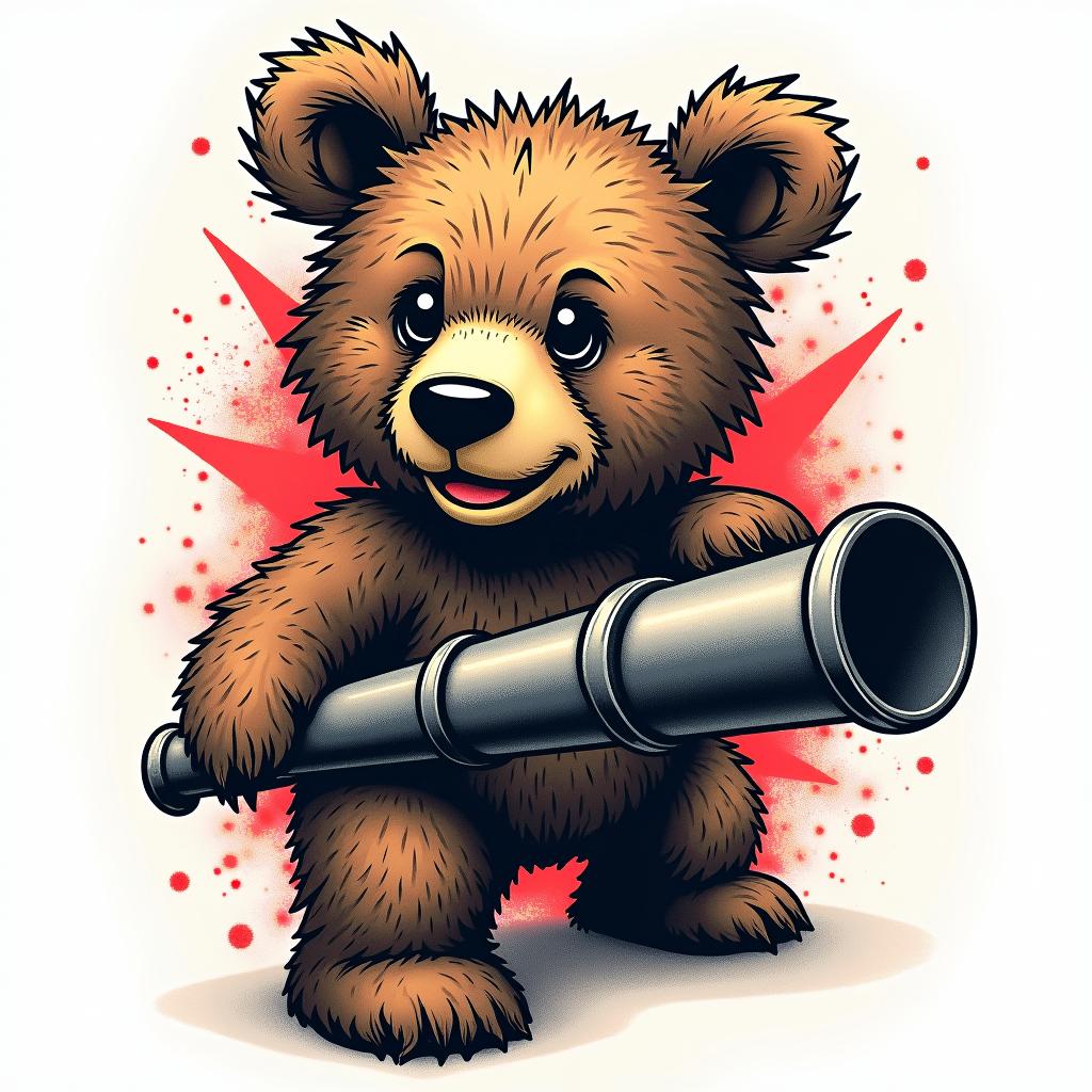 A bear and a cannonin pop art style tattoo, featuring bold and vibrant colors, exaggerated outlines, iconic imagery, inspired by comic books and speech bubbles, comic book characters, retro pop culture - Variation 2