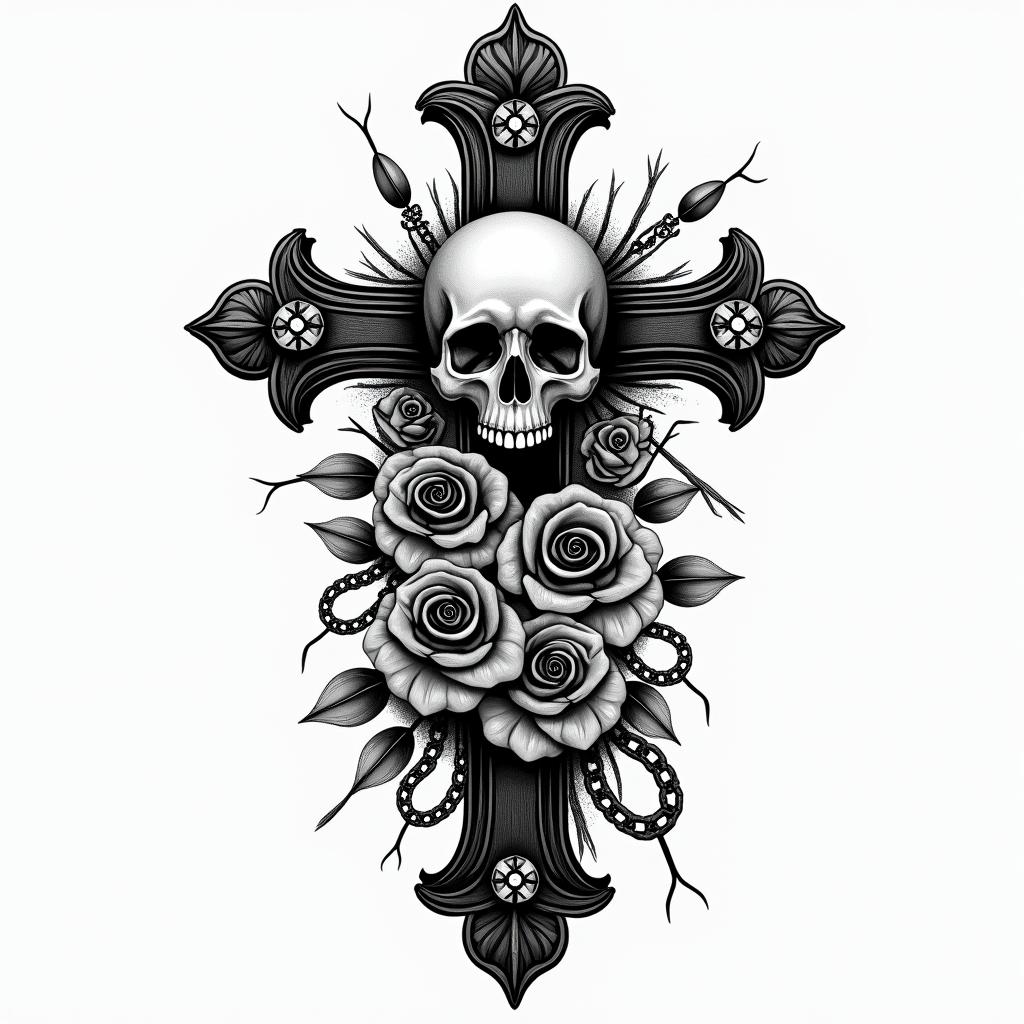 Aquarius. 45 years old. I once had myocarditis that affected me psychologically. But now it is getting better. I try to be strong, even when it's not always easy. I have a 6-year-old daughter whom I love.in chicano style tattoo, featuring intricate black and grey shading, bold elements of traditional chicano culture symbols, add a big cross with skull, chains and roses - Variation 4